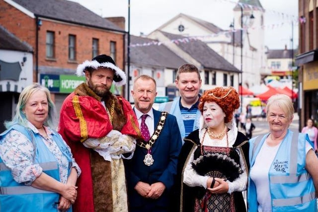 The Mayor is joined by Ballyclare May Fair Volunteers, Kathy, George and Valerie and the King and Queen at the Coronation Street Party.