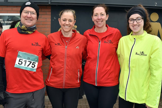 Members of Run Anon Running Club, Crumlin pictured before Sunday's Portadown half marathon. Included are from left, Tony McElvanna, Patricia Donnell, Andrea Anderson and Orlaith Donnell. PT11-212.