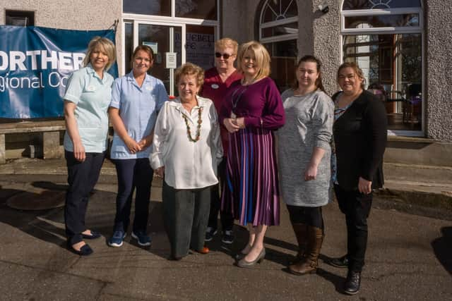 Olivia Nash with Paula McAnaney, recreational therapist and Shirley Ann Moore, care assistant, who both completed Dementia Awareness training at NRC; Nikki McCrudden, Gilaroo Nursing manager; Jacqui McAllister, NRC lecturer; and Alana O’Neill and Helena Boyle, who completed Level 5 Leadership and Management in Health and Social Care at the college.