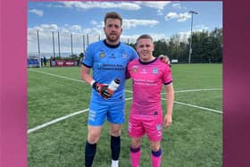 Goalscorer Cormac McNally and goalkeeper Jason Craughwell pictured after Newry City defeated Greenisland 1-0 on Saturday. Pic: Newry City AFC