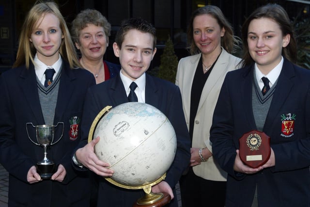 The Wallace High School team- Chloe Minish, Jamie Pow and Fiona Campbell, who won the Geographical Association's World Wise Quiz in 2006, pictured with teacher Martie Singleton and Head of Geography Barbara McKee