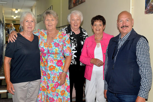 Meeting up again at the Lurgan College 150th anniversary open morning are from left, Ann Orbinson, Margaret Parker, Roberta Ingram, Ginette McKinley and Ronald Patterson. LM25-224.