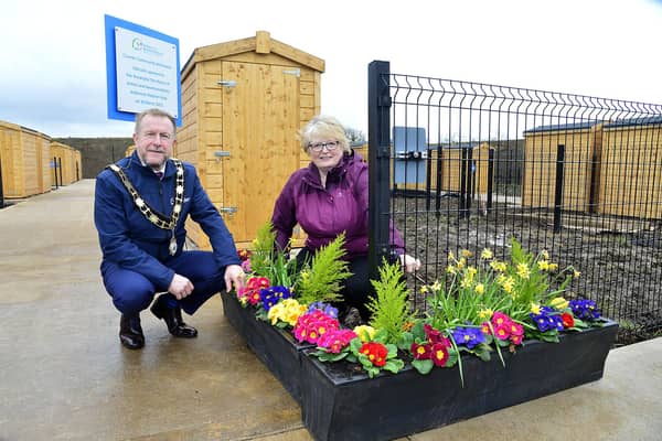 The Mayor of Antrim and Newtownabbey, Alderman Stephen Ross officially opened Crumlin Community Allotments on March 30. He is pictured with Crumlin Allotment holder, Jean Lytle.