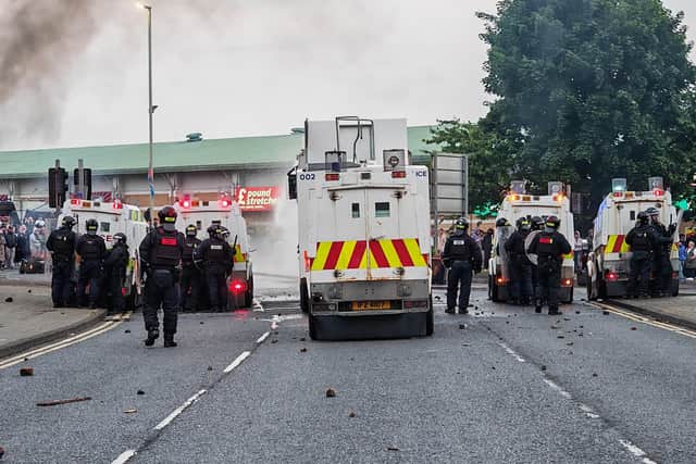 There was a heavy police presence in Ballymena on Tuesday night. Photo: Pacemaker