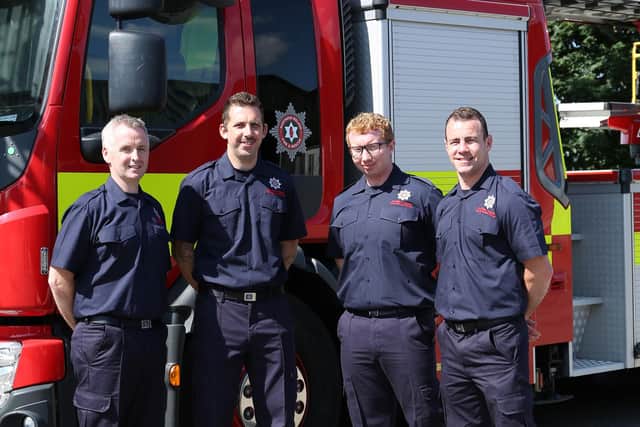 (L-R) John McAuley, Ballymoney; Adam Shand, Randalstown; Andrew Logan, Randalstown; and Jamie Kennedy, Clady who have graduated as wholetime firefighters. Credit NIFRS