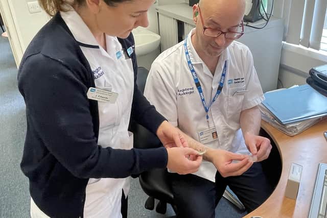 Martin Montgomery with Adult Lead Rehabilitation Audiologist, Joanne Edwards. Pic credit: SEHSCT