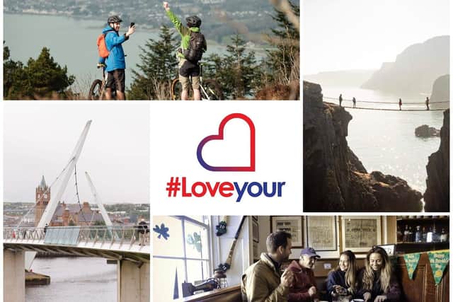 From top left: Cycling in the Mournes - picture: Finn Richards / courtesy of Tourism Northern Ireland; Carrick a Rede  -  picture: Rob Durston  / courtesy of Tourism Northern Ireland; Mary McBride's, Cushendun - picture: Brian Morrison / courtesy of Tourism Northern Ireland; Peace Bridge, Derry / Londonderry - courtesy of Failte Ireland.
