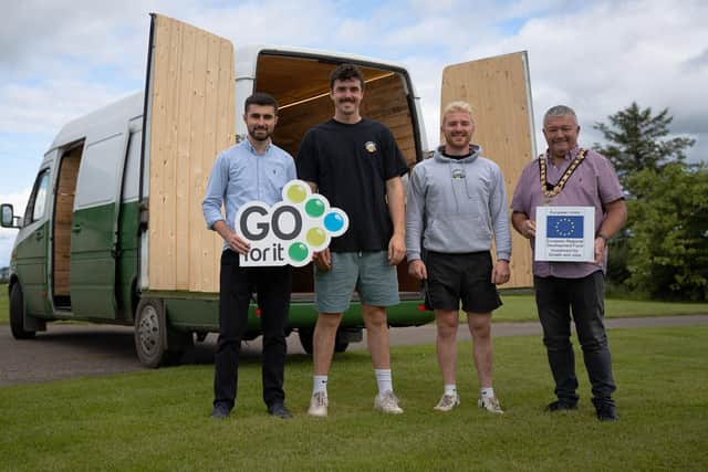 Pictured L-R - Adam Wallace, Business Advisor at Enterprise Causeway, James Bleakly and Matthew Pollock and Ivor Wallace and Mayor of Causeway Coast and Glens Borough Council