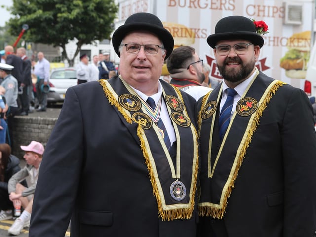 Pausing for a photo at the 'Last Saturday' parade in Larne.