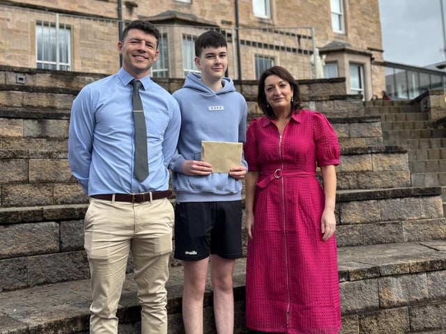 10 A star to A grades including 7 A stars pupil, Peter Laverty with Mr McCorley, head of Year 12 and Mrs O'Neill, principal.