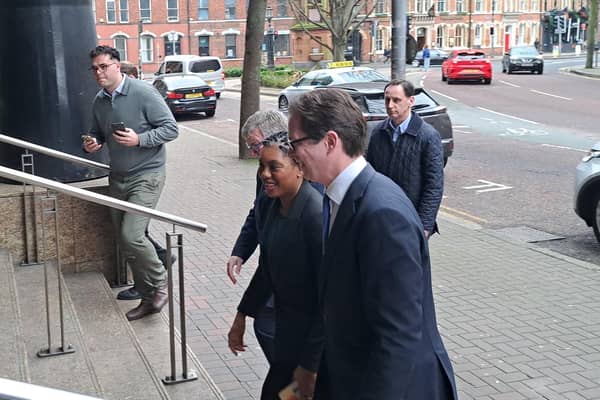 The Tory leader Kemi Badenoch and shadow NI Secretary Alex Burghart attended the Northern Ireland Conservatives conference in Belfast on Saturday.
