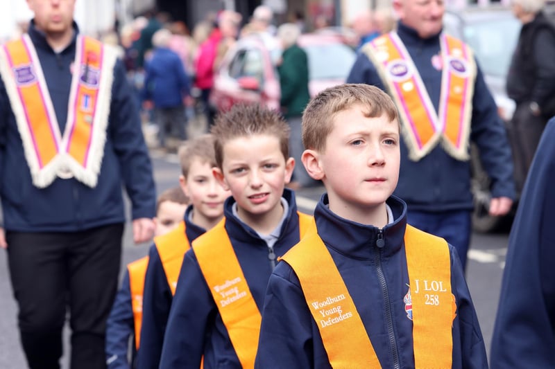 Members of Woodburn Young Defenders JLOL 258 taking part in the Junior Orange parade in Ballymoney on Easter Tuesday.