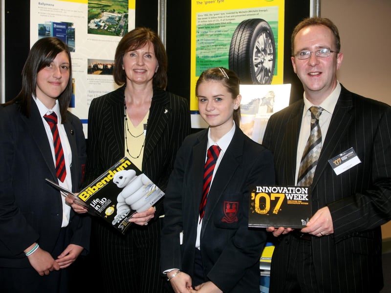 Sharon Mullen, of Michelin, with Ballymena Academy pupils Lauren Agnew and Emma McKay in 2007. Included is Des Gartland (Invest NI North East Regional Office Manager). BT21-207AC