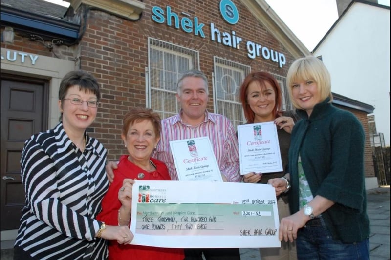 The Shek Hair and Beauty nights held in the Highways Hotel, Larne, and the Windrose Bar and Bistro in Carrickfergus raised £3201.52 for the Northern Ireland Hospice. Sharon Gorman and Olivia Nash receive the cheque from Liam Wilson of the Larne salon and Melanie Borrows and Karen Glanville from Carrickfergus