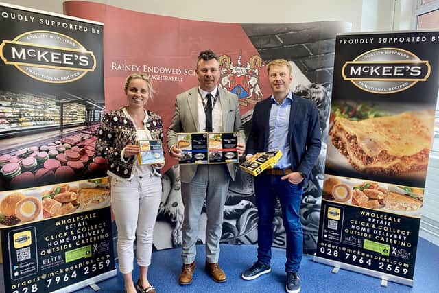 Pictured are Mrs Emma Beverland (Rainey Endowed Home Economics Teacher), Mr Mark McCullough (Rainey Endowed Principal) and Mr Paul Gibson (McKee’s Managing Director). Credit: Submitted