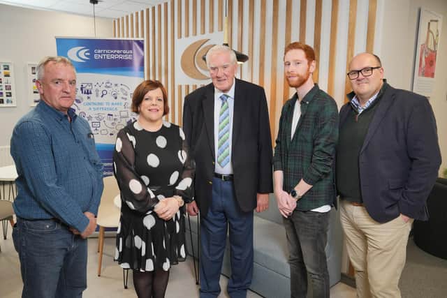 Pictured from left in the Connect Space are Maurice McKee, Lab Manager at Efectis UK Ireland; Kelli McRoberts, Manager at Carrickfergus Enterprise; David McIlhagger, Vice Chairman at Carrickfergus Enterprise; Russell Crawford, Director at Kobault and Ronnie Crawford Director at Calibro Workspace.