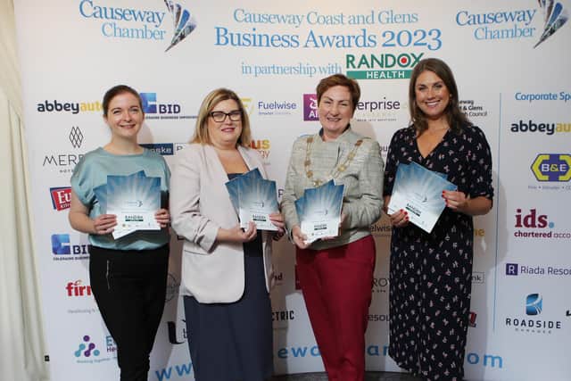 Causeway Chamber of Commerce President Anne-Marie McGoldrick with Headline Sponsors from Randox Health ( left) Laura Mooney and Pauline Bradley along with Event Host (right) Sarah Travers at the launch of the Causeway Business Awards 2023. Credit Ciaran Clancy