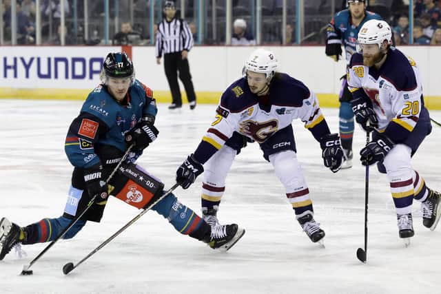 Belfast Giants’ Chad Butcher with Guildford Flames’ Robert Lachowicz during an Elite Ice Hockey League game at the SSE Arena, Belfast. Picture by William Cherry/Presseye