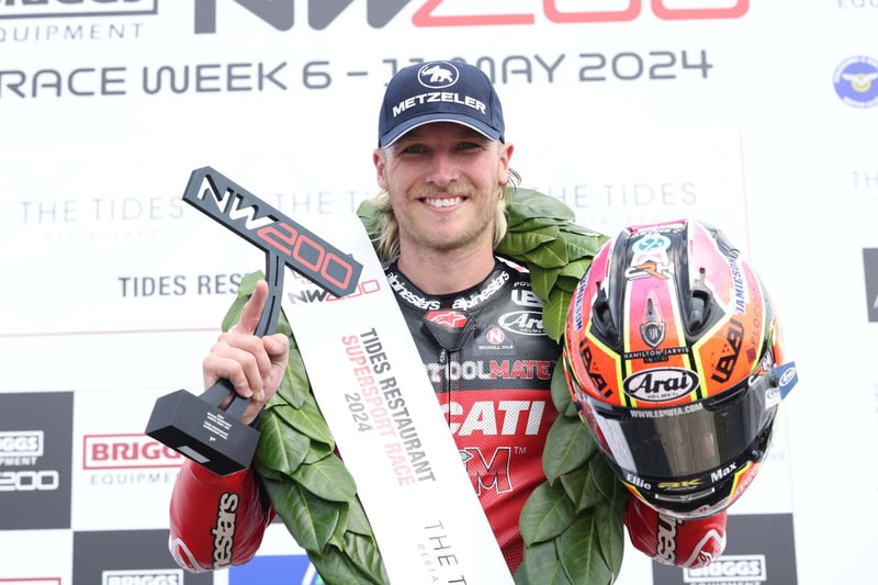 Davey Todd celebrates winning Saturday's Supersport race at the North West 200.