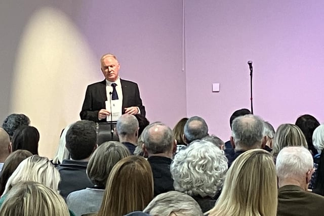 Principal Philip Reid addresses the packed assemly hall at Mill Strand Integrated Primary School.