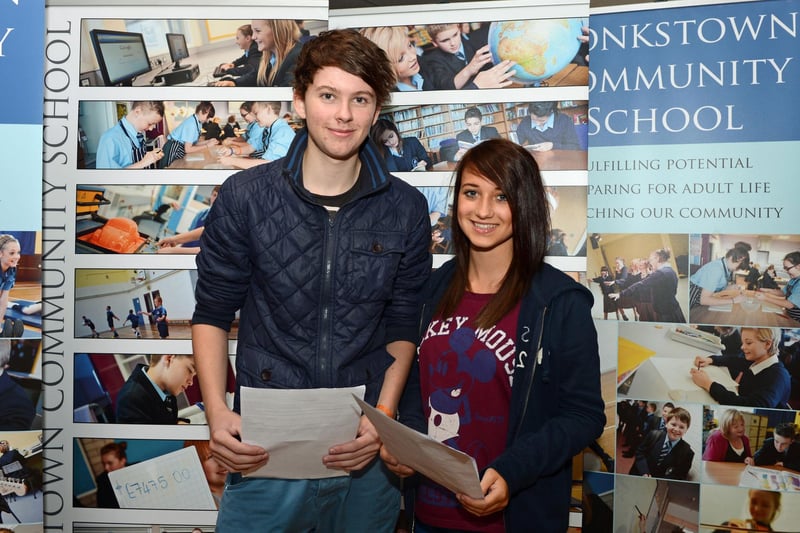 Pictured on GCSE results day 2012 are Monkstown Community High School pupils Peter Hamilton (3 As, 3 Bs and 2 Cs) and Lisa Lowry (2 As,4 Bs and 3 Cs). INNT 35-013-PSB