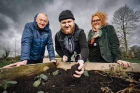 Janet Schofield, Chief Executive at Compass Advocacy Network and Peter Smyth, Client Relationship Manager at Community Finance Ireland pictured with Clint Langley at Lislagan Community Farm, Ballymoney