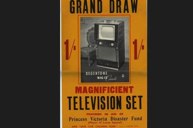A poster advertising a fundraising raffle to win a television in aid of the Princess Victoria Disaster Fund, 1953. Pic submitted by Department for Communities
