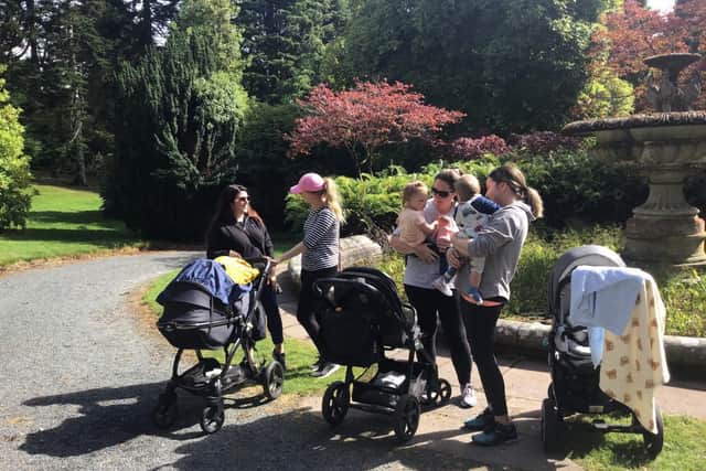 Parents and babies enjoying one of the walking group sessions which took place in Castlewellan Country Park. Pic Credit: SEHSCT