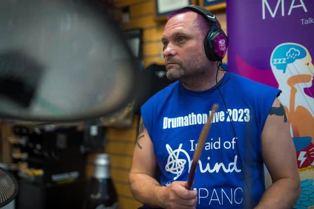 Lisburn man Allister Brown drummed for 150 hours and raised over £15,000 for charity. Pic credit: Speed Motion Films Ltd