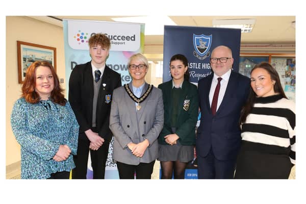 Deputy Mayor of Causeway Coast and Glens, Councillor Tanya Stirling, pictured with Ian Williamson, Ballycastle High School Principal, Natalie Hamilton, Young Enterprise, Joanne McLaughlin, Council Economic Development Officer, Brett Parke, Ballycastle High School and Bryony McMullan, Cross & Passion College.