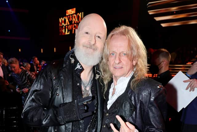LOS ANGELES, CALIFORNIA - NOVEMBER 05: Robert Halford and Les Binks, from Portadown, Co Armagh,  attend the 37th Annual Rock & Roll Hall of Fame Induction Ceremony at Microsoft Theater on November 05, 2022 in Los Angeles, California. (Photo by Theo Wargo/Getty Images for The Rock and Roll Hall of Fame)