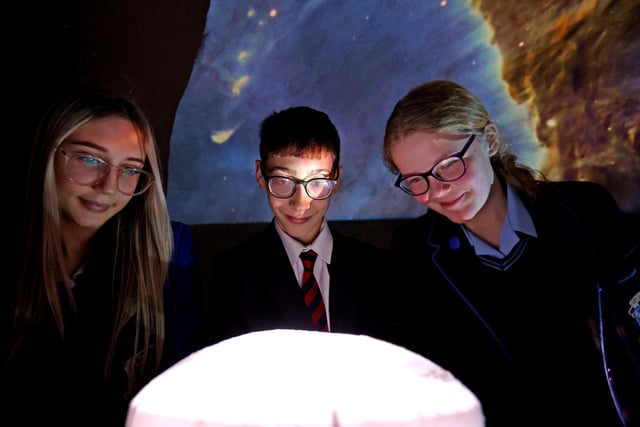 Science School event in collaboration with Mid & East Antrim Borough Council from left to right with Abigail Morrow, St Killian’s College, Liam Doggert, Ballymena Academy and Freya McGeevy, St Louis Grammar School.