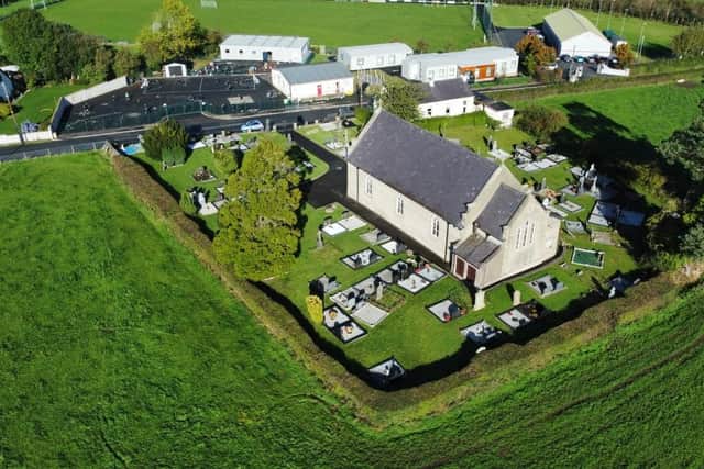 An image from drone footage shows St John's Primary School, Eglish across the road from St John's Church, Tartaraghan, Co Armagh.