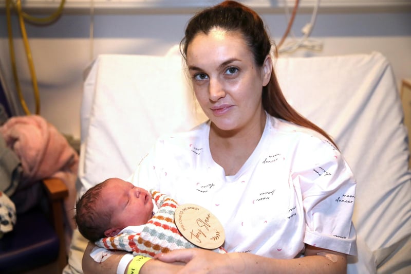 Baby Joey Slane, born at 12.57am on January 1, 2023, weighing 7 pounds and three ounces, with proud mum Caoimhe Slane, in the Ulster Hospital, Dundonald. Picture: Declan Roughan / Press Eye