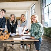 Helping with the call for young people to take part in the Centre Stage production of ‘Half Timers’ at Portview Trade Centre were, from left, Ruairí, Rachael Carnegie from Centre Stage, Finn and Evvie. Picture: Centre Stage
