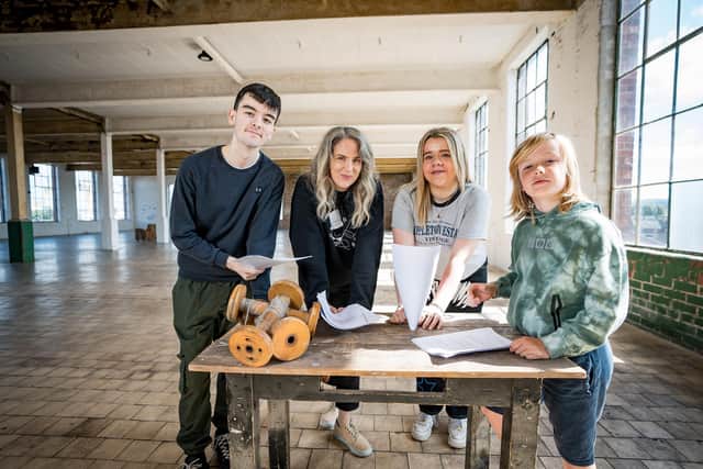 Helping with the call for young people to take part in the Centre Stage production of ‘Half Timers’ at Portview Trade Centre were, from left, Ruairí, Rachael Carnegie from Centre Stage, Finn and Evvie. Picture: Centre Stage