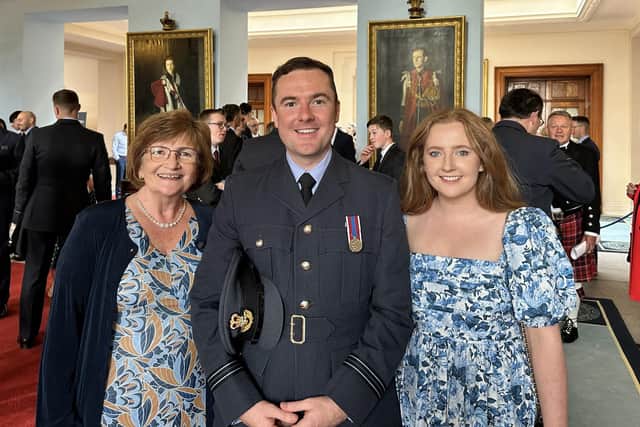 Flt Lt Christopher Madden with his mum Olive and sister Louise. Photo submitted