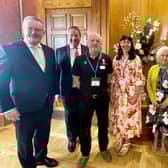 Mike Nesbitt (Health Minister), Jonathan Patton, (South Eastern Trust Chairman), Paul Whitten (Volunteer - Lisburn area), Roisin Coulter (South Eastern Trust Chief Executive), Raffia Hussain (Volunteer, North Down & Ards area), Nuala Taggart, (Volunteer, Down area) & Angela Martin (Volunteer - Ards area). Pic credit: SEHSCT