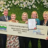 Pictured from left are Anna McKelvey, Head of Marketing at George Best Belfast City Airport, Best Kept Patron Joe Mahon and Doreen Muskett MBE, Chairman of the Northern Ireland Amenity Council, presenting the Best Kept Medium Housing Area Award 2023 to Michelle Donnelly and Tanya Quinn from Coolnafrankey Park, Cookstown and Sharon Crooks from NI Housing Executive. Credit: Brian Thompson
