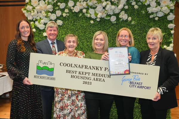 Pictured from left are Anna McKelvey, Head of Marketing at George Best Belfast City Airport, Best Kept Patron Joe Mahon and Doreen Muskett MBE, Chairman of the Northern Ireland Amenity Council, presenting the Best Kept Medium Housing Area Award 2023 to Michelle Donnelly and Tanya Quinn from Coolnafrankey Park, Cookstown and Sharon Crooks from NI Housing Executive. Credit: Brian Thompson