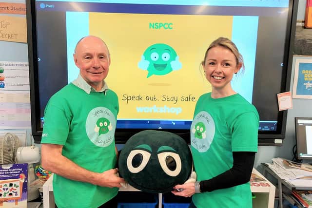 NSPCC Schools Service volunteers Hamilton Topping and Jennifer Kilpatrick from Lisburn getting ready to deliver a Speak Out Stay Safe (SOSS) workshop