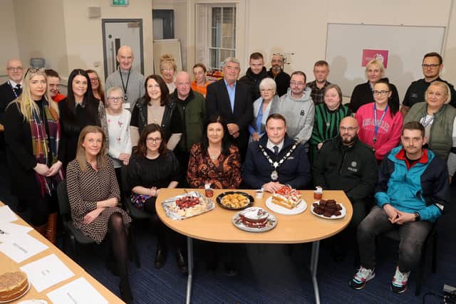The Mayor of Antrim and Newtownabbey, Cllr Mark Cooper, is pictured alongside Housing Executive staff, community representatives and stake holders at Newtownabbey Housing Executive’s Homeless Awareness coffee morning and bake-off competition. (Pic: MCAULEY_MULTIMEDIA).