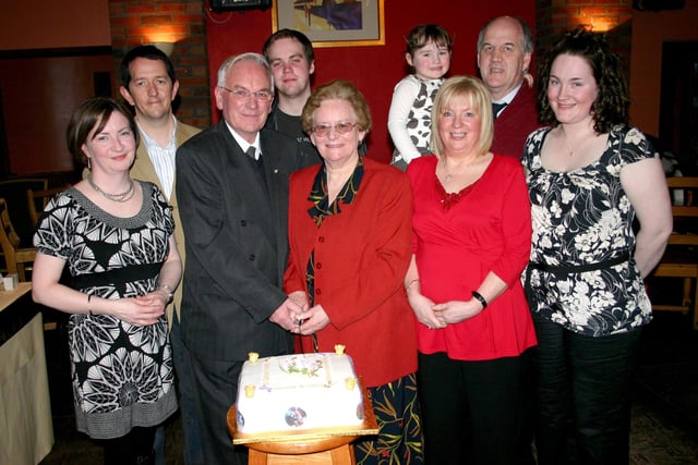 Pictured at the 50th Wedding Anniversary of Dan and Anne McAfee at Hunters Bar, Ballyvoy in 2007. The pair got married on St Valentines Day, Feb 14th. Included in the picture are Carmel, Paula, Joe, Paul, Louise, Peter and Natasha Brogan.
