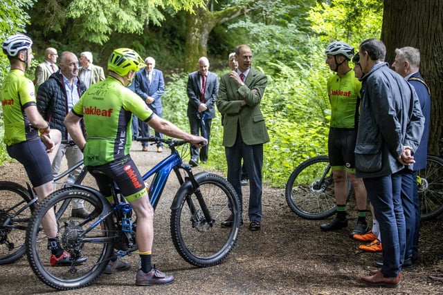 The Duke of Edinburgh chats to several local groups at Garvagh Forest and heard about the new mountain biking and walking trails that have been developed at the site, which covers over 200 hectares. Credit McAuley Multimedia