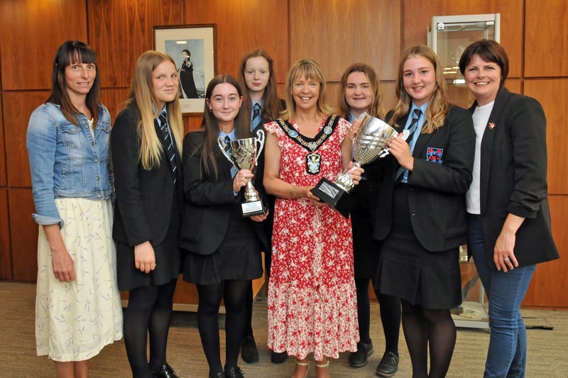 Lord Mayor of Armagh City, Banbridge and Craigavon, Councillor Margaret Tinsley with players from the Portadown College Girls football team who won the Mid Ulster U16 League. Included are Mrs Judy Baird, assistant coach and Councillor Julie Flaherty.