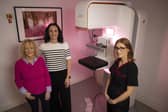 Breast Friends Fundraiser Ann Brown and Anna Kayes from online car insurance company its4women are pictured with Action Cancer’s Advanced Practice Radiographer, Donna Kelly, in front of the new Siemens B.Brilliant Mammography unit at Action Cancer House, Belfast. CREDIT ACTION CANCER