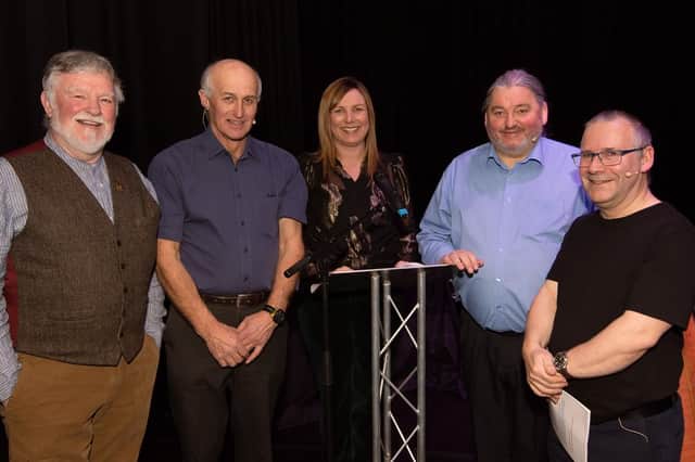'For those in Peril on the Sea' narrator Jimmy McTeggart (left) with readers Robert Stewart, Angeline Kelly, Davy Moore and Dr David Hume, who developed the project.