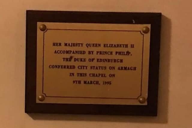 The late Queen's portrait will be displayed above the plaque recording her March 9, 1995 visit when she conferred city status on Armagh. Credit: ABC planning portal