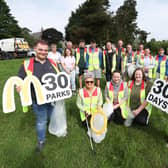 (L-R): Thomas Gleason, Maurice Bradley MLA, Lorna Wilson, Madison McVicker, Rebecca Jones, Trudy McAfee with McDonald’s staff members. Credit Matt Mackey