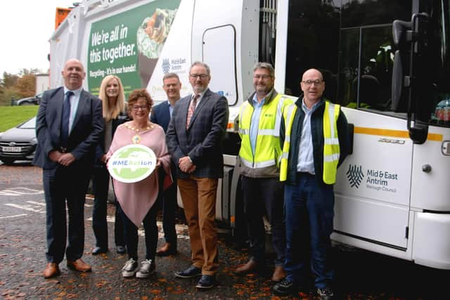 Cllr Bobby Hadden; Catherine Hunter, environmental education officer; the Mayor of Mid and East Antrim, Alderman Gerardine Mulvenna; Philip Thompson, director of operations; Cllr William McCaughey; Gary Murtagh, waste supervisor (Larne) and Trevor McIlhagga, waste supervisor (Ballymena). Photo submitted by Mid and East Antrim Borough Council.